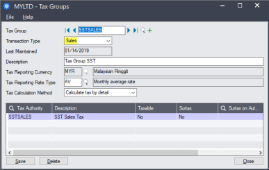 Image of the Tax Groups screen